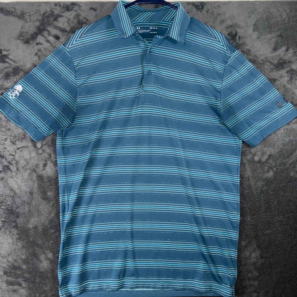 Mens Medium Under Armour Polo Shirt Blue Striped HeatGear Golf Short Sleeve‎